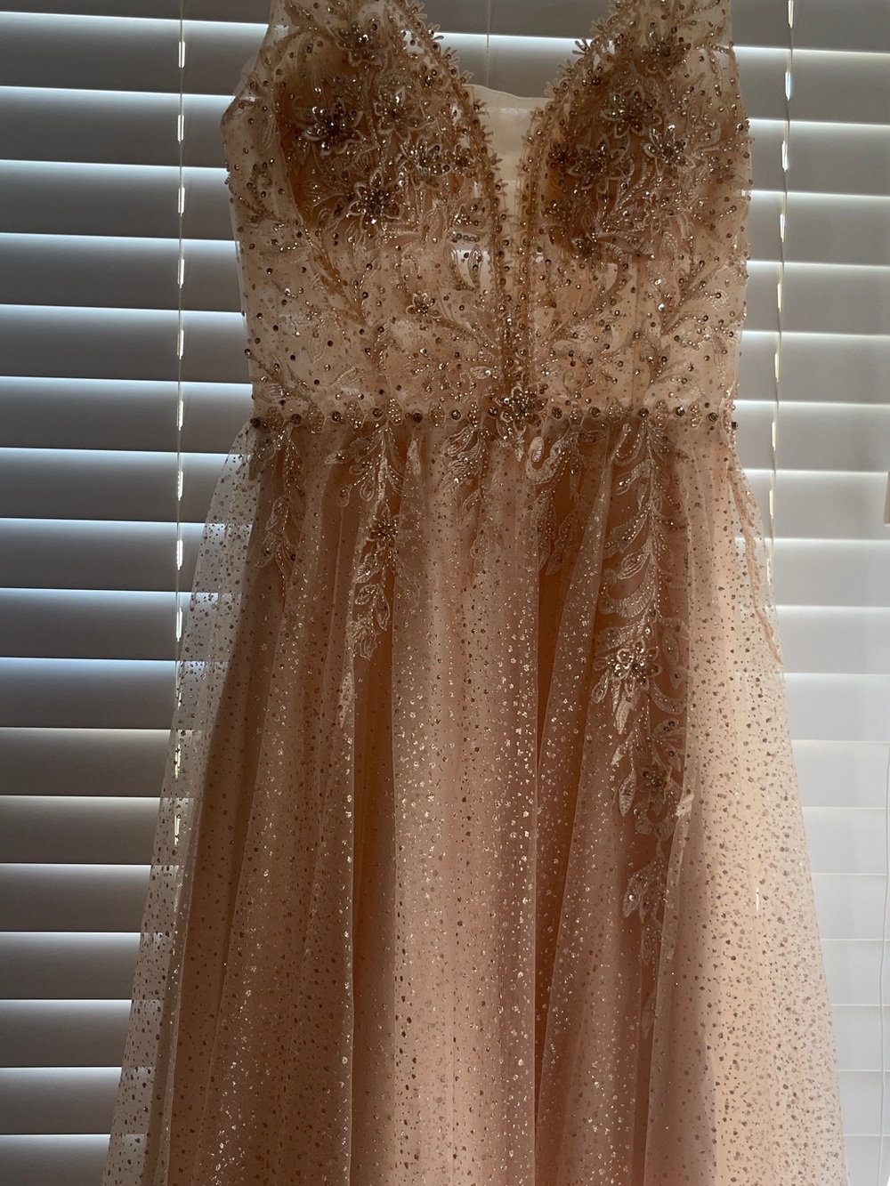 Embellished Blush/Champagne V-Neck Tulle Dress - Picture 2 of 3